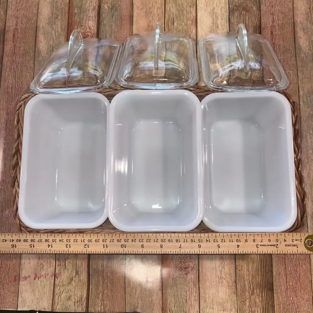 VNTG‎ Glasbake J-305 White Milk Glass Set 3 Covered Loaf Dishes Wicker Basket